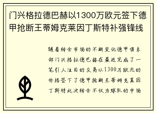 门兴格拉德巴赫以1300万欧元签下德甲抢断王蒂姆克莱因丁斯特补强锋线